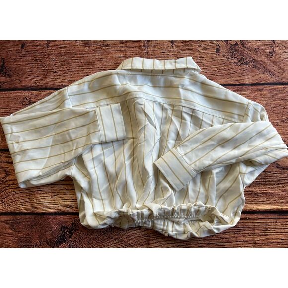 AND NOW THIS Women's White-Olive Striped Button-Down Elastic Waist Top‎ SZ S - Picture 10 of 12